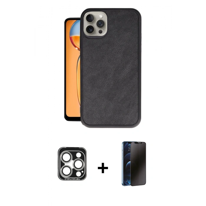 MARSİLYAN™- iPhone 15 Pro Max Kılıf Kıvılcım Işık Serisi - Siyah 3D Antistatik Hayalet Cam Ekran Koruyucu + PVD Metal Kamera Lens - GS