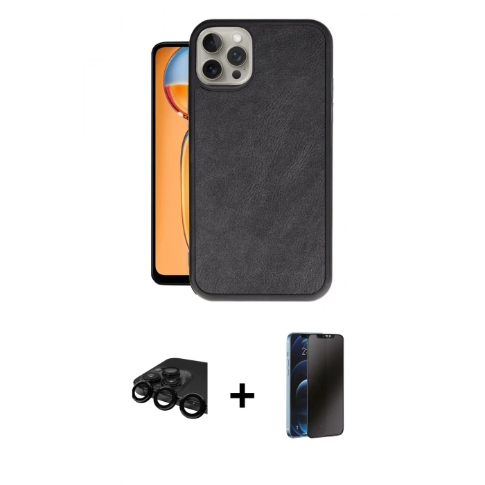 MARSİLYAN™- iPhone 15 Pro Max Kılıf Kıvılcım Işık Serisi - Siyah 3D Antistatik Hayalet Cam Ekran Koruyucu + Raze Metal Kamera Lens - SH