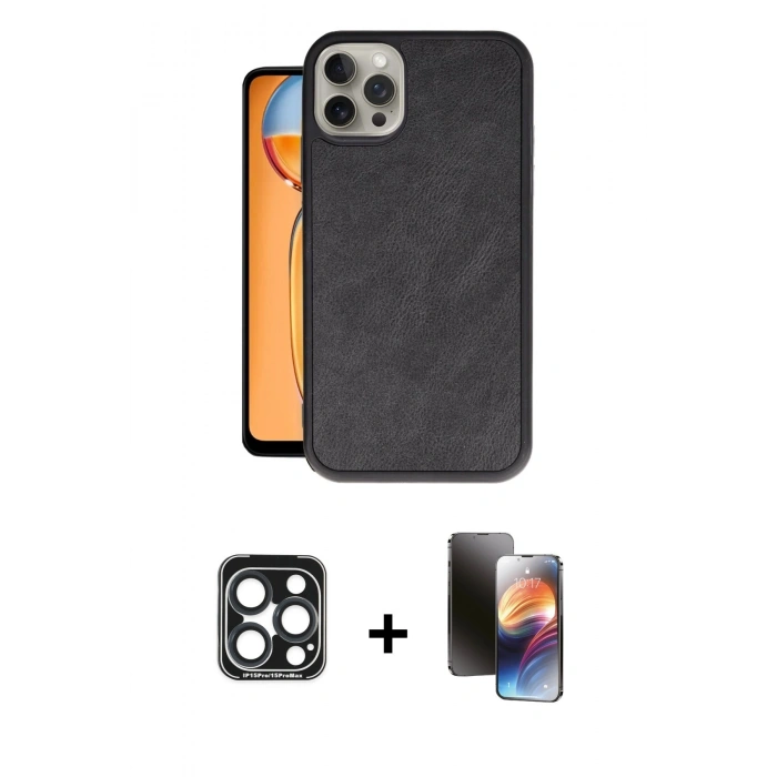 MARSİLYAN™- iPhone 15 Pro Max Kılıf Kıvılcım Işık Serisi - Siyah 3D Antistatik Mat Seramik Nano Ekran Koruyucu + PVD Metal Kamera Lens - LT