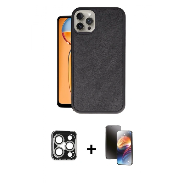 MARSİLYAN™- iPhone 15 Pro Max Kılıf Kıvılcım Işık Serisi - Siyah 3D Antistatik Mat Seramik Nano Ekran Koruyucu + PVD Metal Kamera Lens - GS