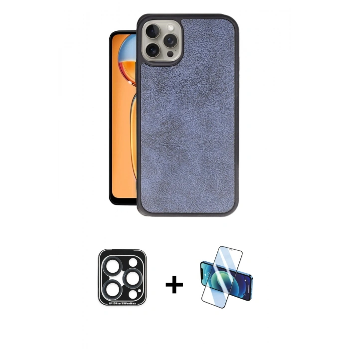 MARSİLYAN™- iPhone 15 Pro Max Kılıf Kıvılcım Işık Serisi - Siyah 3D Antistatik Seramik Nano Ekran Koruyucu + Lacivert PVD Metal Kamera Lens