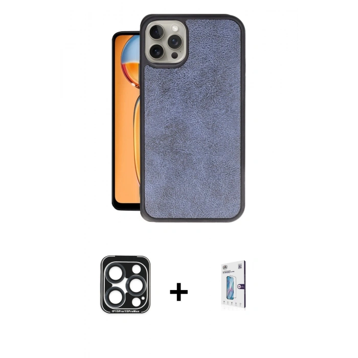 MARSİLYAN™- iPhone 15 Pro Max Kılıf Kıvılcım Işık Serisi - Siyah Bilvis 0.18mm Plus Cam Ekran Koruyucu + Lacivert PVD Metal Kamera Lens