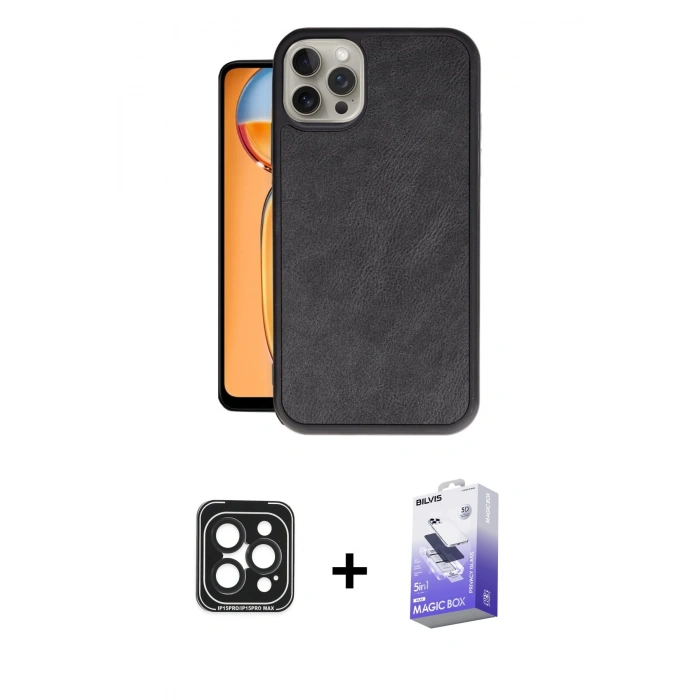 MARSİLYAN™- iPhone 15 Pro Max Kılıf Kıvılcım Işık Serisi - Siyah Bilvis 5in1 5D Magic Hayalet Cam Ekran Koruyucu + PVD Metal Kamera Lens - SH