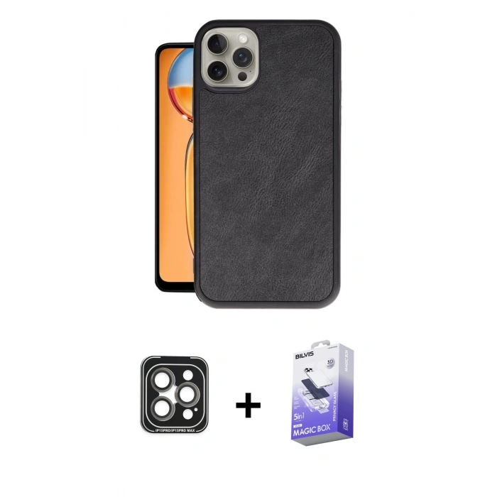 MARSİLYAN™- iPhone 15 Pro Max Kılıf Kıvılcım Işık Serisi - Siyah Bilvis 5in1 5D Magic Hayalet Cam Ekran Koruyucu + PVD Metal Kamera Lens - GI