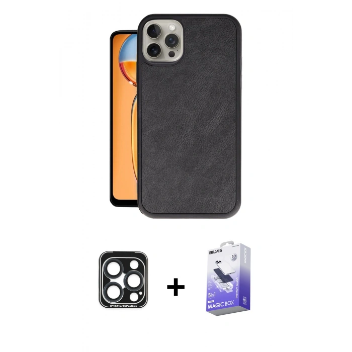 MARSİLYAN™- iPhone 15 Pro Max Kılıf Kıvılcım Işık Serisi - Siyah Bilvis 5in1 5D Magic Hayalet Cam Ekran Koruyucu + PVD Metal Kamera Lens - LT