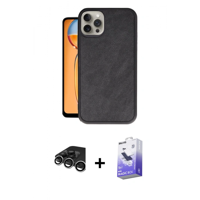MARSİLYAN™- iPhone 15 Pro Max Kılıf Kıvılcım Işık Serisi - Siyah Bilvis 5in1 5D Magic Hayalet Cam Ekran Koruyucu + Raze Metal Kamera Lens - GS