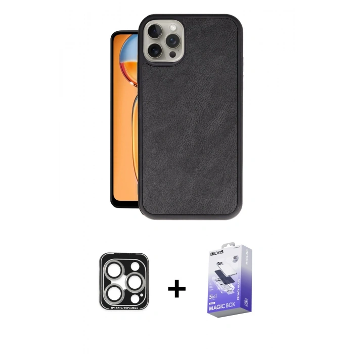MARSİLYAN™- iPhone 15 Pro Max Kılıf Kıvılcım Işık Serisi - Siyah Bilvis 5in1 5D Magic Hayalet Cam Ekran Koruyucu + PVD Metal Kamera Lens - GS