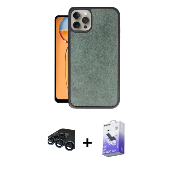 MARSİLYAN™- iPhone 15 Pro Max Kılıf Kıvılcım Işık Serisi - Siyah Bilvis 5in1 5D Magic Hayalet Cam Ekran Koruyucu + Lacivert Raze Metal Kamera Lens