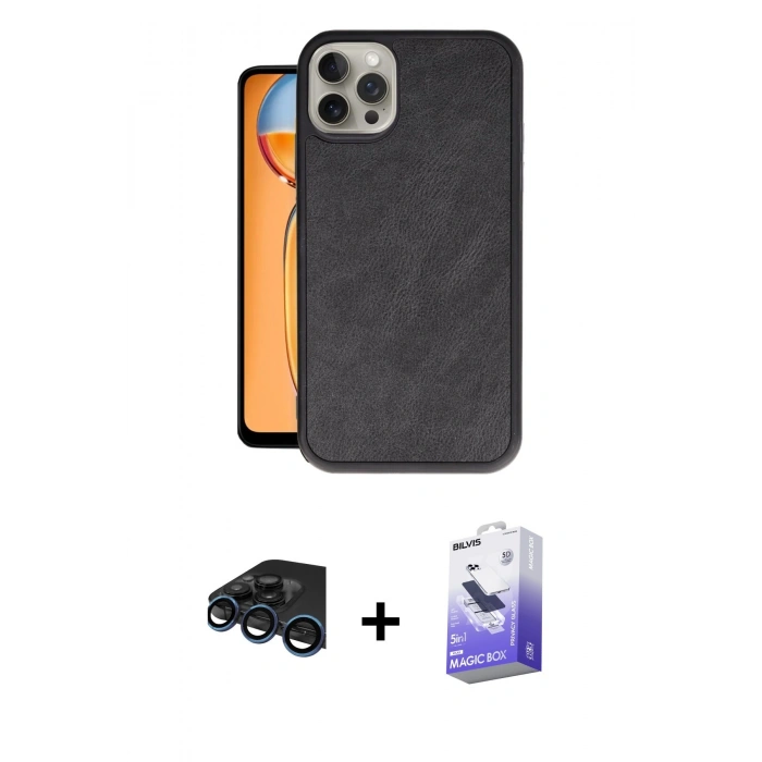 MARSİLYAN™- iPhone 15 Pro Max Kılıf Kıvılcım Işık Serisi - Siyah Bilvis 5in1 5D Magic Hayalet Cam Ekran Koruyucu + Lacivert Raze Metal Kamera Lens