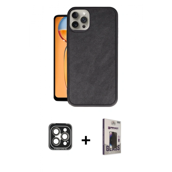 MARSİLYAN™- iPhone 15 Pro Max Kılıf Kıvılcım Işık Serisi - Siyah Bilvis Hayalet Cam Ekran Koruyucu + PVD Metal Kamera Lens - GI