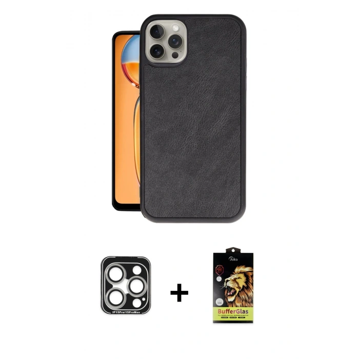 MARSİLYAN™- iPhone 15 Pro Max Kılıf Kıvılcım Işık Serisi - Siyah Buffer Cam Ekran Koruyucu + PVD Metal Kamera Lens - GS