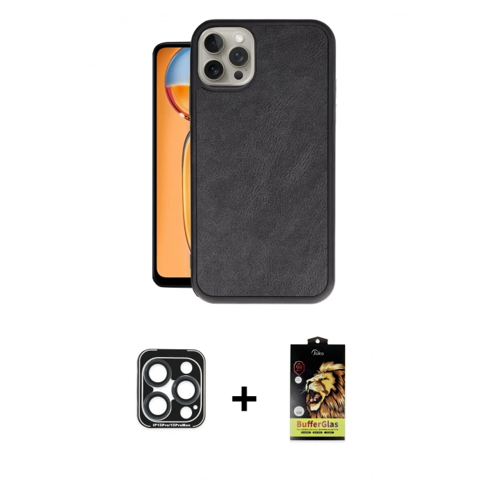 MARSİLYAN™- iPhone 15 Pro Max Kılıf Kıvılcım Işık Serisi - Siyah Buffer Cam Ekran Koruyucu + PVD Metal Kamera Lens - LT