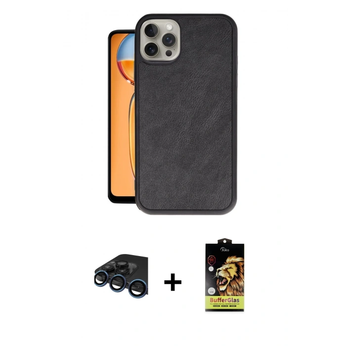 MARSİLYAN™- iPhone 15 Pro Max Kılıf Kıvılcım Işık Serisi - Siyah Buffer Cam Ekran Koruyucu + Raze Metal Kamera Lens - LT