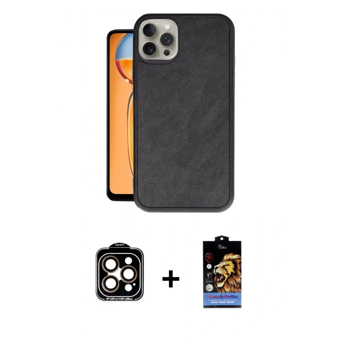 MARSİLYAN™- iPhone 15 Pro Max Kılıf Kıvılcım Işık Serisi - Siyah Buffer Hayalet Cam Ekran Koruyucu + PVD Metal Kamera Lens - TU