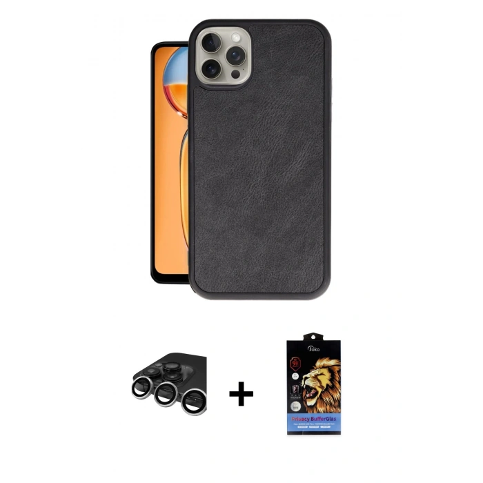 MARSİLYAN™- iPhone 15 Pro Max Kılıf Kıvılcım Işık Serisi - Siyah Buffer Hayalet Cam Ekran Koruyucu + Raze Metal Kamera Lens - GS