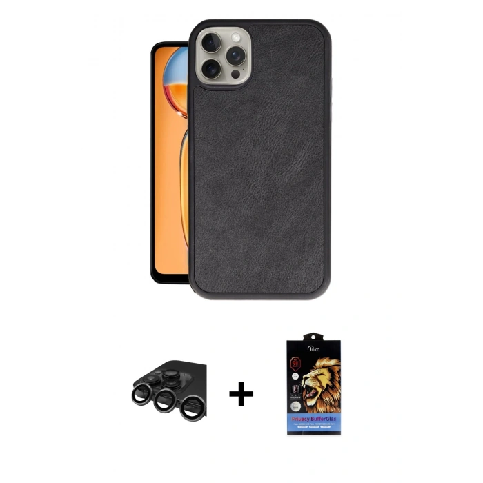 MARSİLYAN™- iPhone 15 Pro Max Kılıf Kıvılcım Işık Serisi - Siyah Buffer Hayalet Cam Ekran Koruyucu + Raze Metal Kamera Lens - TMGI