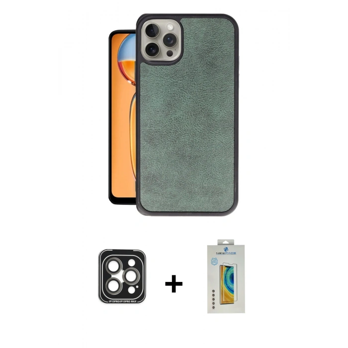 MARSİLYAN™- iPhone 15 Pro Max Kılıf Kıvılcım Işık Serisi - Siyah Polymer Nano Ekran Koruyucu + Gri PVD Metal Kamera Lens