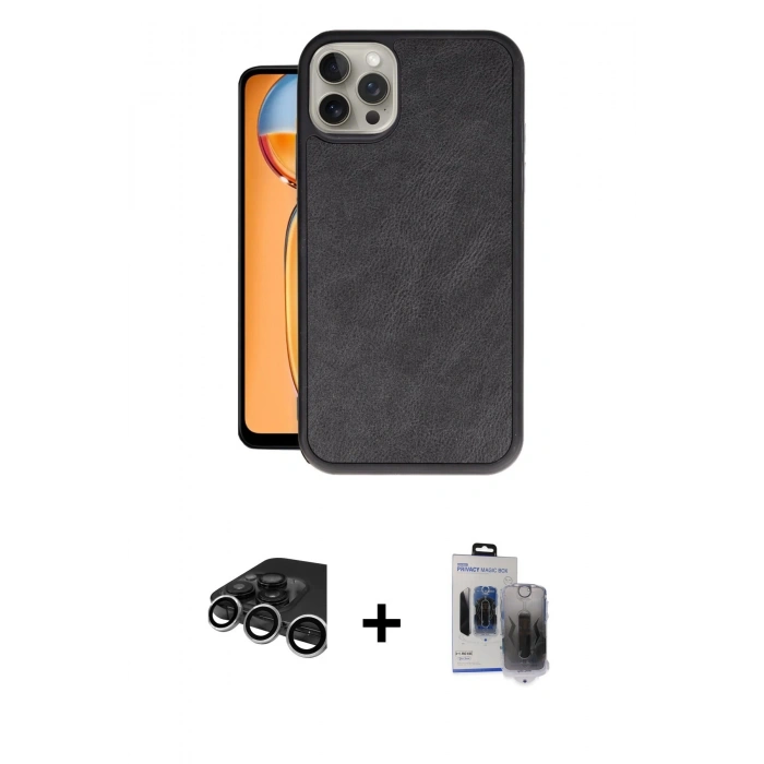 MARSİLYAN™- iPhone 15 Pro Max Kılıf Kıvılcım Işık Serisi - Siyah Vanessa Magic Hayalet Cam + Gümüş Raze Metal Kamera Lens