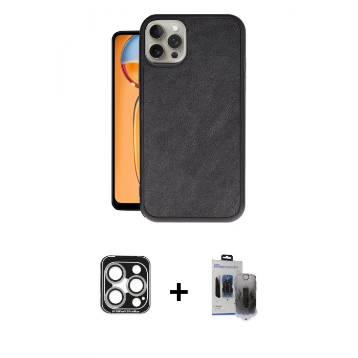 MARSİLYAN™- iPhone 15 Pro Max Kılıf Kıvılcım Işık Serisi - Siyah Vanessa Magic Hayalet Cam + PVD Metal Kamera Lens - GS