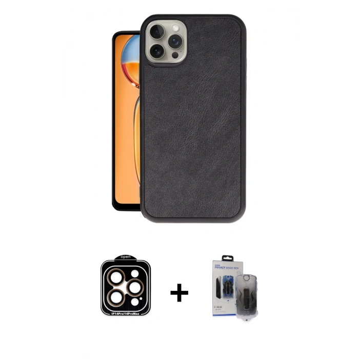 MARSİLYAN™- iPhone 15 Pro Max Kılıf Kıvılcım Işık Serisi - Siyah Vanessa Magic Hayalet Cam + Turuncu PVD Metal Kamera Lens