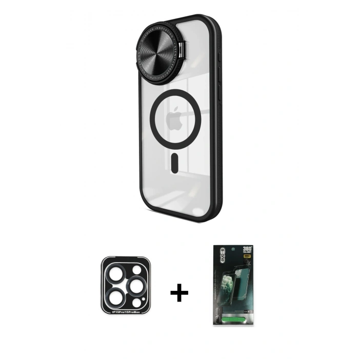 MARSİLYAN™- iPhone 15 Pro Max Kılıf Kıvılcım Modern Koleksiyonu - Şeffaf 360 Full Body Arka Koruyucu + PVD Metal Kamera Lens - LT