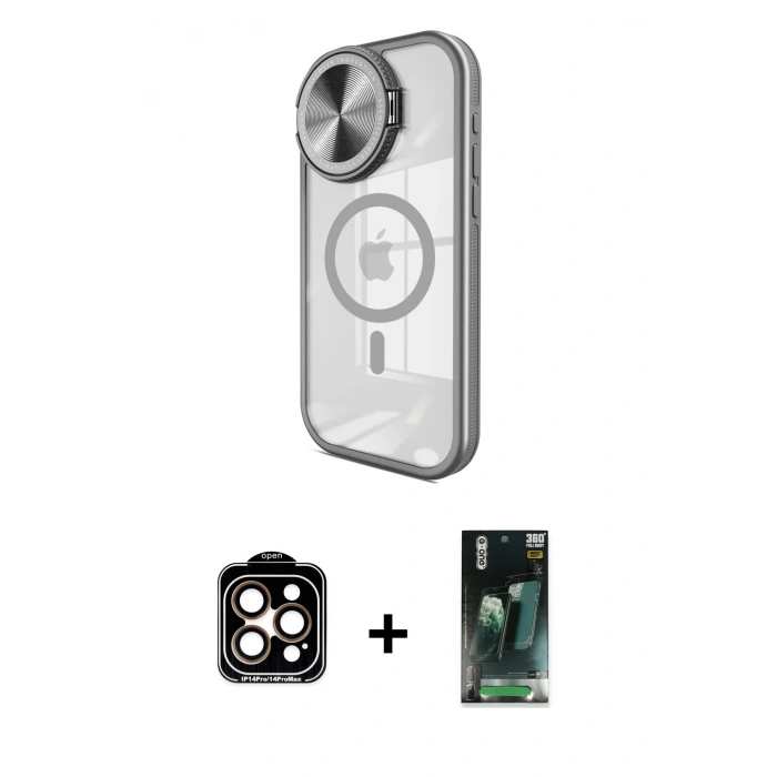 MARSİLYAN™- iPhone 15 Pro Max Kılıf Kıvılcım Modern Koleksiyonu - Şeffaf 360 Full Body Arka Koruyucu + PVD Metal Kamera Lens - TU