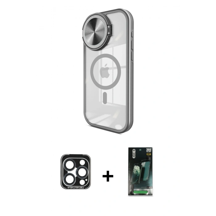 MARSİLYAN™- iPhone 15 Pro Max Kılıf Kıvılcım Modern Koleksiyonu - Şeffaf 360 Full Body Arka Koruyucu + PVD Metal Kamera Lens - LT