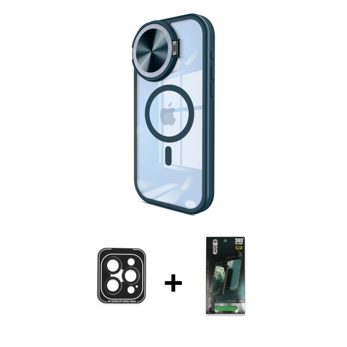 MARSİLYAN™- iPhone 15 Pro Max Kılıf Kıvılcım Modern Koleksiyonu - Şeffaf 360 Full Body Arka Koruyucu + PVD Metal Kamera Lens - SH