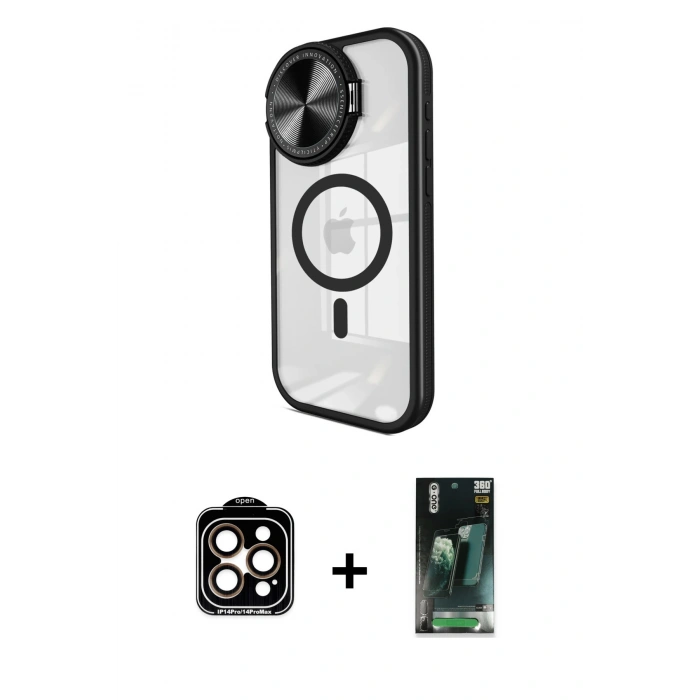 MARSİLYAN™- iPhone 15 Pro Max Kılıf Kıvılcım Modern Koleksiyonu - Şeffaf 360 Full Body Arka Koruyucu + PVD Metal Kamera Lens - TU