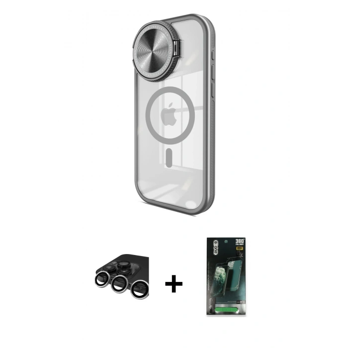 MARSİLYAN™- iPhone 15 Pro Max Kılıf Kıvılcım Modern Koleksiyonu - Şeffaf 360 Full Body Arka Koruyucu + Raze Metal Kamera Lens - GS
