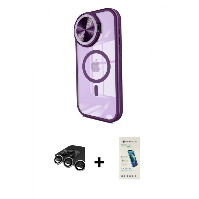 MARSİLYAN™- iPhone 15 Pro Max Kılıf Kıvılcım Modern Koleksiyonu - Şeffaf Pasifik Cam Ekran Koruyucu + Gümüş Raze Metal Kamera Lens