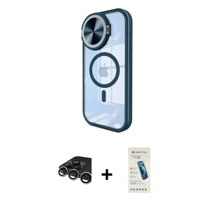 MARSİLYAN™- iPhone 15 Pro Max Kılıf Kıvılcım Modern Koleksiyonu - Şeffaf Pasifik Cam Ekran Koruyucu + Gümüş Raze Metal Kamera Lens