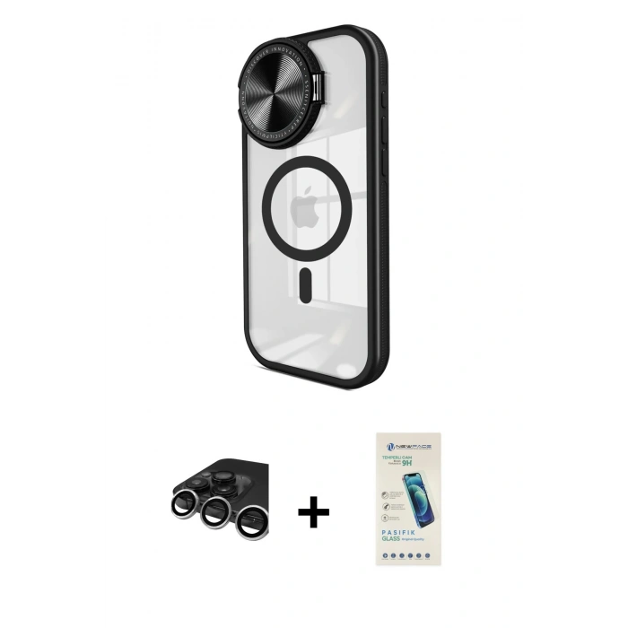MARSİLYAN™- iPhone 15 Pro Max Kılıf Kıvılcım Modern Koleksiyonu - Şeffaf Pasifik Cam Ekran Koruyucu + Gümüş Raze Metal Kamera Lens