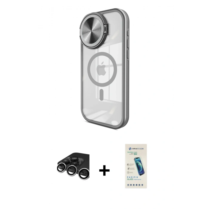 MARSİLYAN™- iPhone 15 Pro Max Kılıf Kıvılcım Modern Koleksiyonu - Şeffaf Pasifik Cam Ekran Koruyucu + Gümüş Raze Metal Kamera Lens