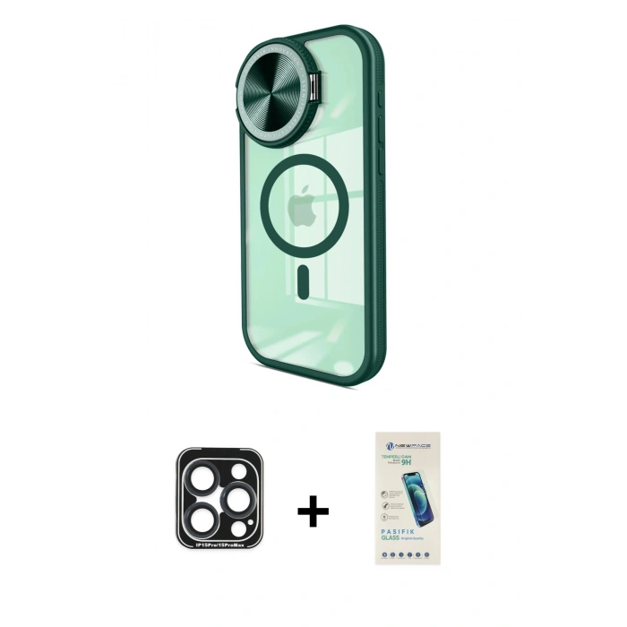 MARSİLYAN™- iPhone 15 Pro Max Kılıf Kıvılcım Modern Koleksiyonu - Şeffaf Pasifik Cam Ekran Koruyucu + PVD Metal Kamera Lens - LT