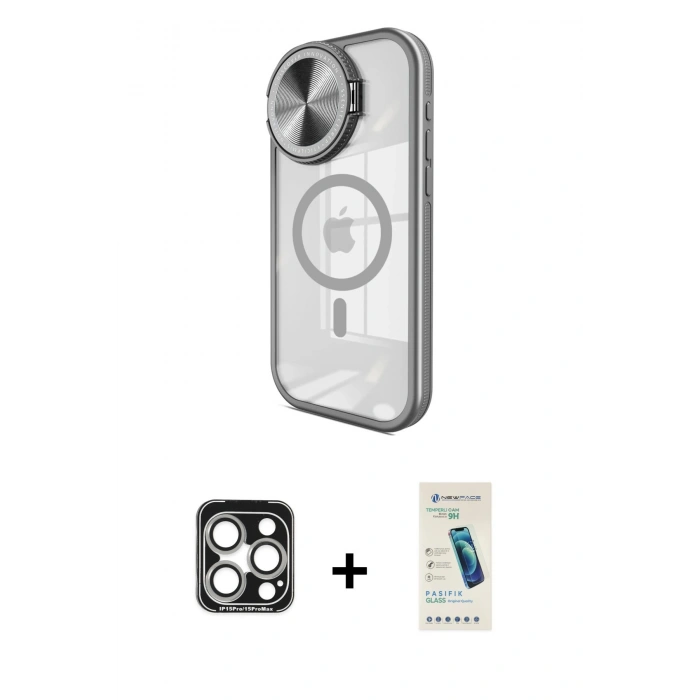 MARSİLYAN™- iPhone 15 Pro Max Kılıf Kıvılcım Modern Koleksiyonu - Şeffaf Pasifik Cam Ekran Koruyucu + PVD Metal Kamera Lens - GS