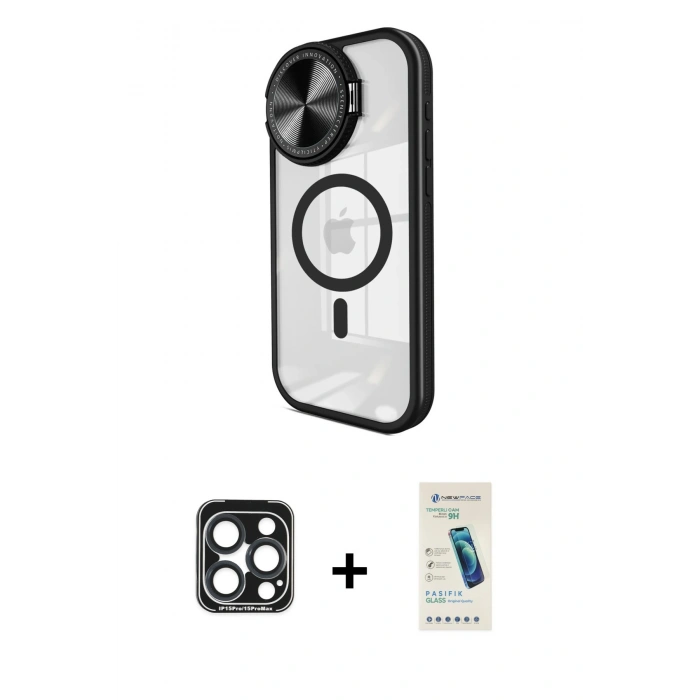 MARSİLYAN™- iPhone 15 Pro Max Kılıf Kıvılcım Modern Koleksiyonu - Şeffaf Pasifik Cam Ekran Koruyucu + PVD Metal Kamera Lens - LT