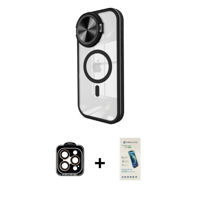 MARSİLYAN™- iPhone 15 Pro Max Kılıf Kıvılcım Modern Koleksiyonu - Şeffaf Pasifik Cam Ekran Koruyucu + PVD Metal Kamera Lens - TU