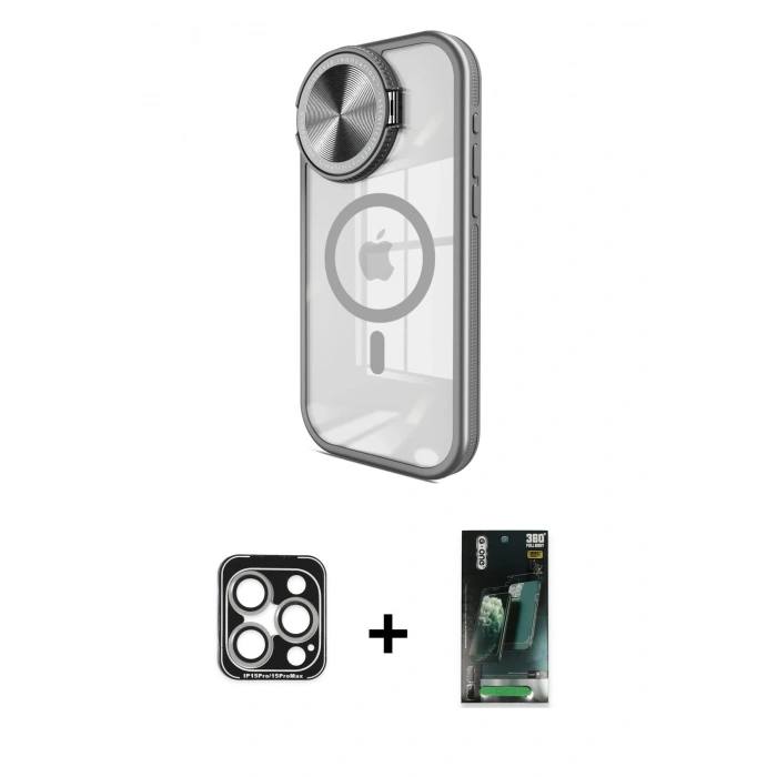 MARSİLYAN™- iPhone 15 Pro Max Kılıf Kıvılcım Modern Koleksiyonu - Siyah 360 Mat Full Body Arka Koruyucu + PVD Metal Kamera Lens - GS