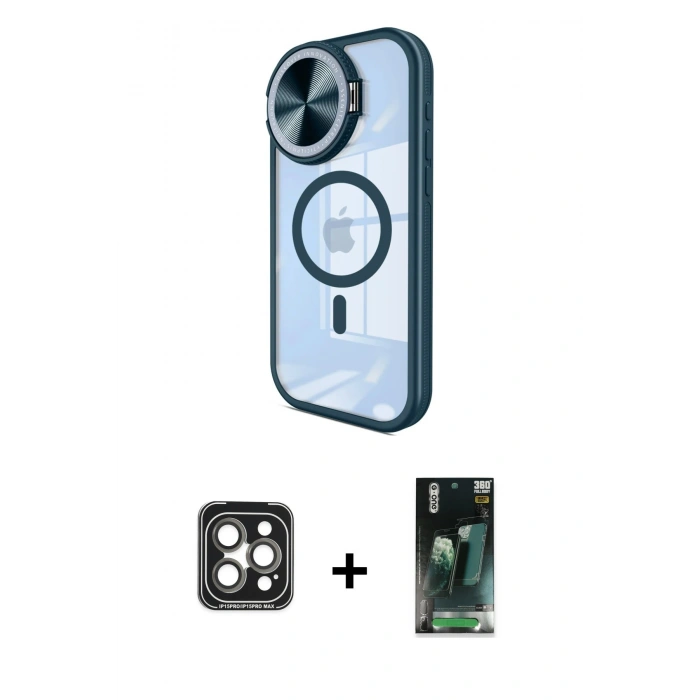 MARSİLYAN™- iPhone 15 Pro Max Kılıf Kıvılcım Modern Koleksiyonu - Siyah 360 Mat Full Body Arka Koruyucu + PVD Metal Kamera Lens - GI