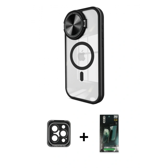 MARSİLYAN™- iPhone 15 Pro Max Kılıf Kıvılcım Modern Koleksiyonu - Siyah 360 Mat Full Body Arka Koruyucu + Siyah PVD Metal Kamera Lens