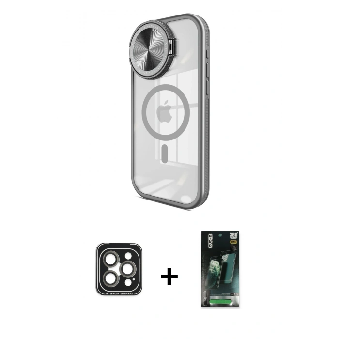 MARSİLYAN™- iPhone 15 Pro Max Kılıf Kıvılcım Modern Koleksiyonu - Siyah 360 Mat Full Body Arka Koruyucu + PVD Metal Kamera Lens - GI