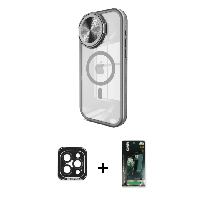 MARSİLYAN™- iPhone 15 Pro Max Kılıf Kıvılcım Modern Koleksiyonu - Siyah 360 Mat Full Body Arka Koruyucu + Siyah PVD Metal Kamera Lens