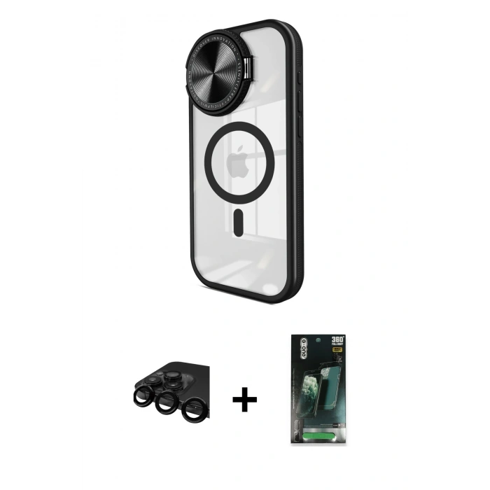 MARSİLYAN™- iPhone 15 Pro Max Kılıf Kıvılcım Modern Koleksiyonu - Siyah 360 Mat Full Body Arka Koruyucu + Raze Metal Kamera Lens - SH