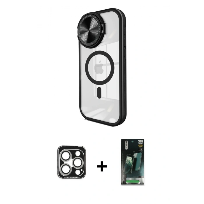 MARSİLYAN™- iPhone 15 Pro Max Kılıf Kıvılcım Modern Koleksiyonu - Siyah 360 Mat Full Body Arka Koruyucu + PVD Metal Kamera Lens - GS