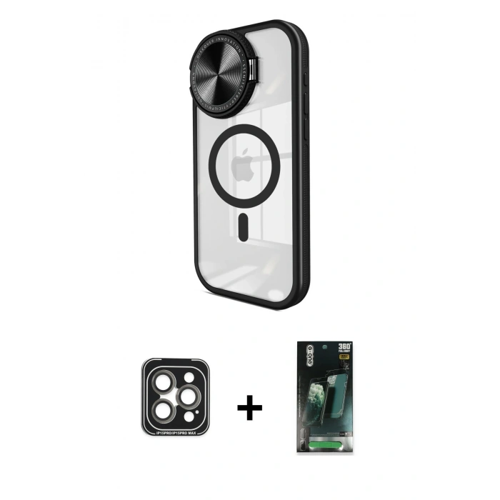MARSİLYAN™- iPhone 15 Pro Max Kılıf Kıvılcım Modern Koleksiyonu - Siyah 360 Mat Full Body Arka Koruyucu + PVD Metal Kamera Lens - GI