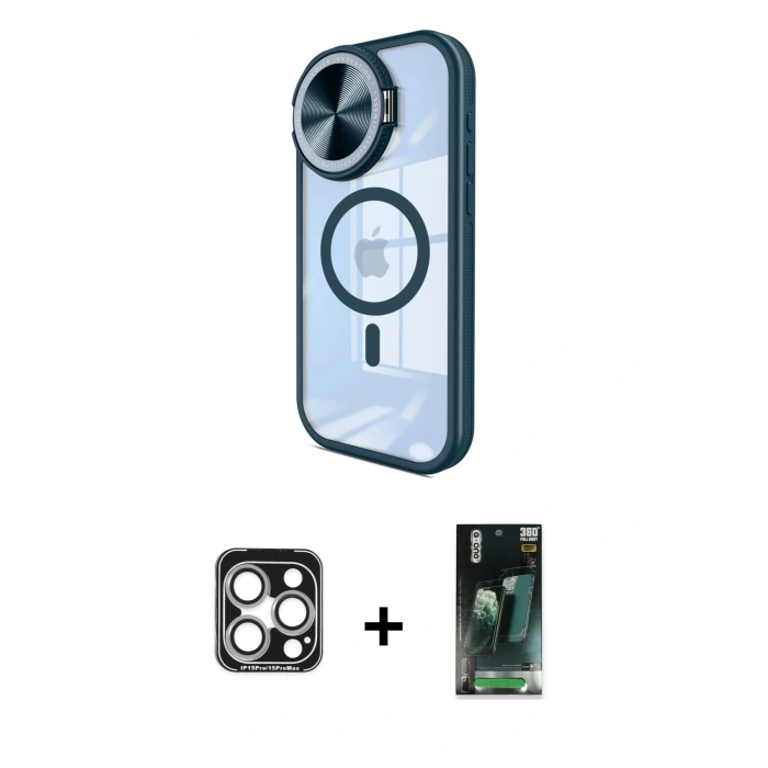 MARSİLYAN™- iPhone 15 Pro Max Kılıf Kıvılcım Modern Koleksiyonu - Siyah 360 Mat Full Body Arka Koruyucu + PVD Metal Kamera Lens - GS