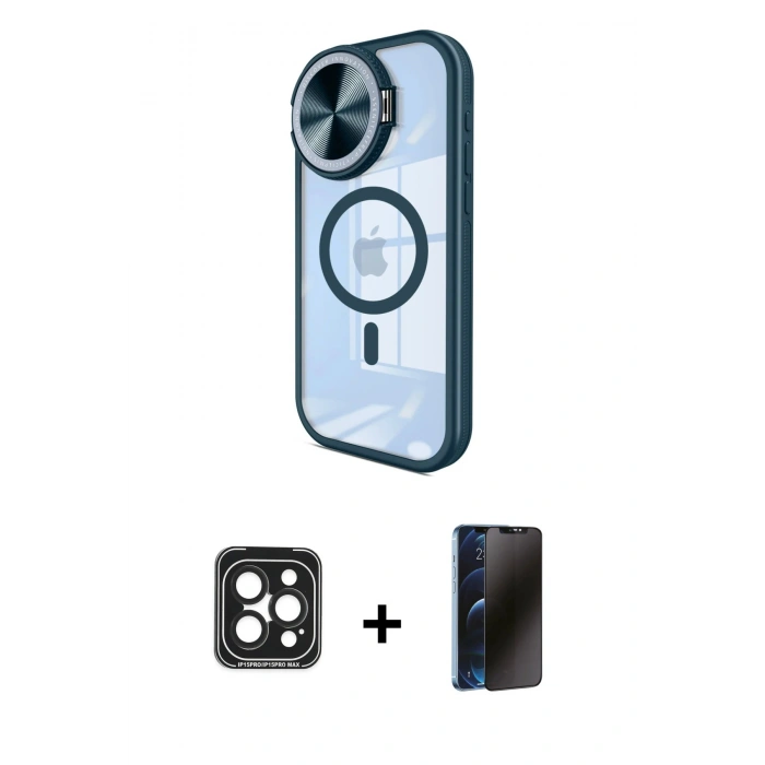 MARSİLYAN™- iPhone 15 Pro Max Kılıf Kıvılcım Modern Koleksiyonu - Siyah 3D Antistatik Hayalet Cam Ekran Koruyucu + PVD Metal Kamera Lens - SH