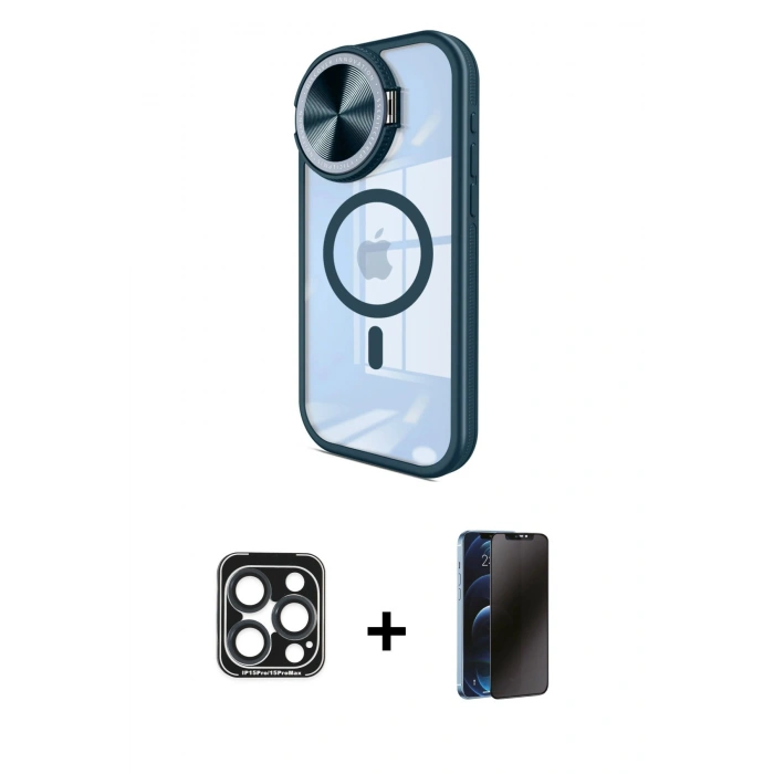 MARSİLYAN™- iPhone 15 Pro Max Kılıf Kıvılcım Modern Koleksiyonu - Siyah 3D Antistatik Hayalet Cam Ekran Koruyucu + PVD Metal Kamera Lens - LT