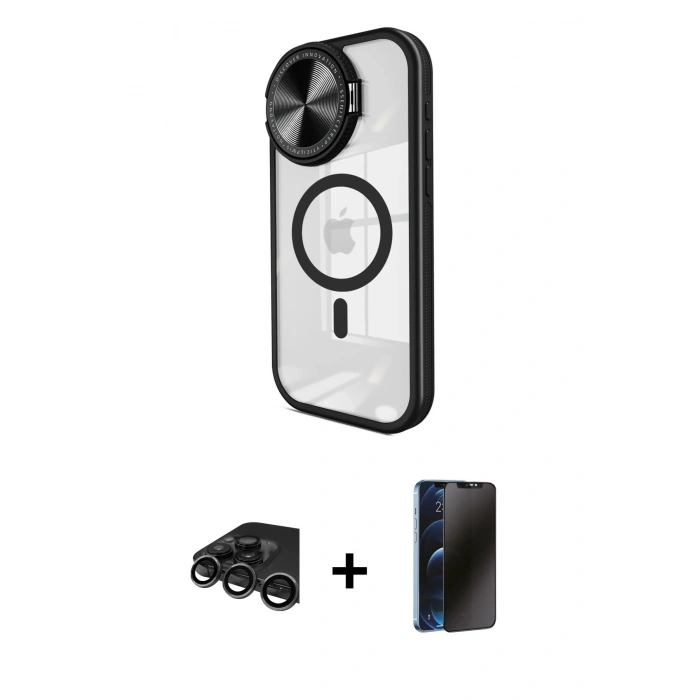 MARSİLYAN™- iPhone 15 Pro Max Kılıf Kıvılcım Modern Koleksiyonu - Siyah 3D Antistatik Hayalet Cam Ekran Koruyucu + Raze Metal Kamera Lens - TMGI